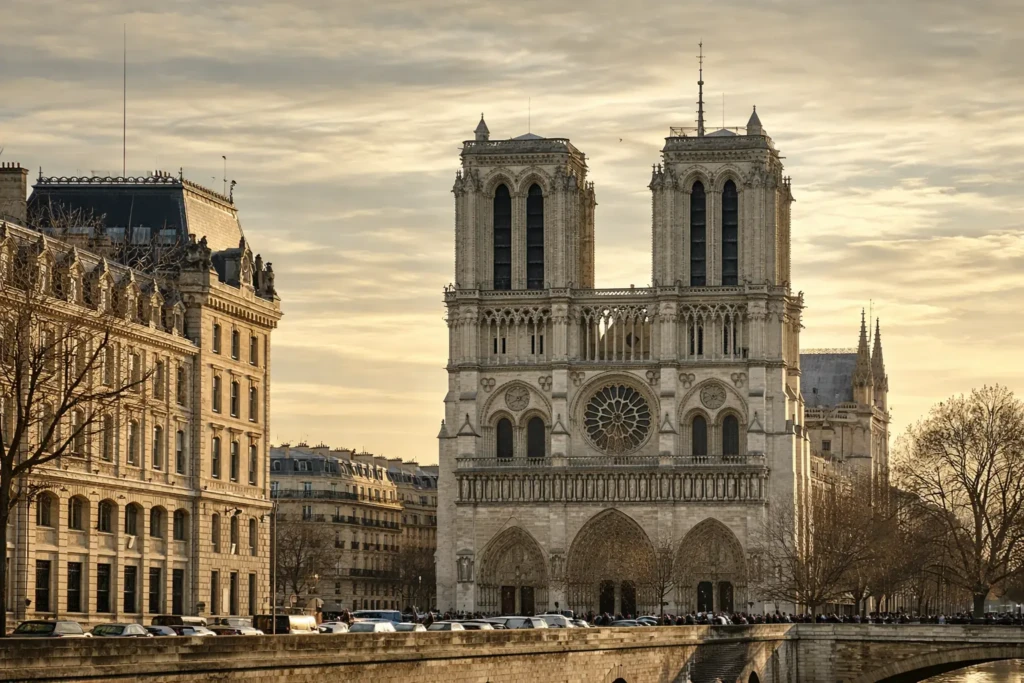 Façade de la cathédrale Notre-Dame de Paris vue depuis la Seine au coucher du soleil