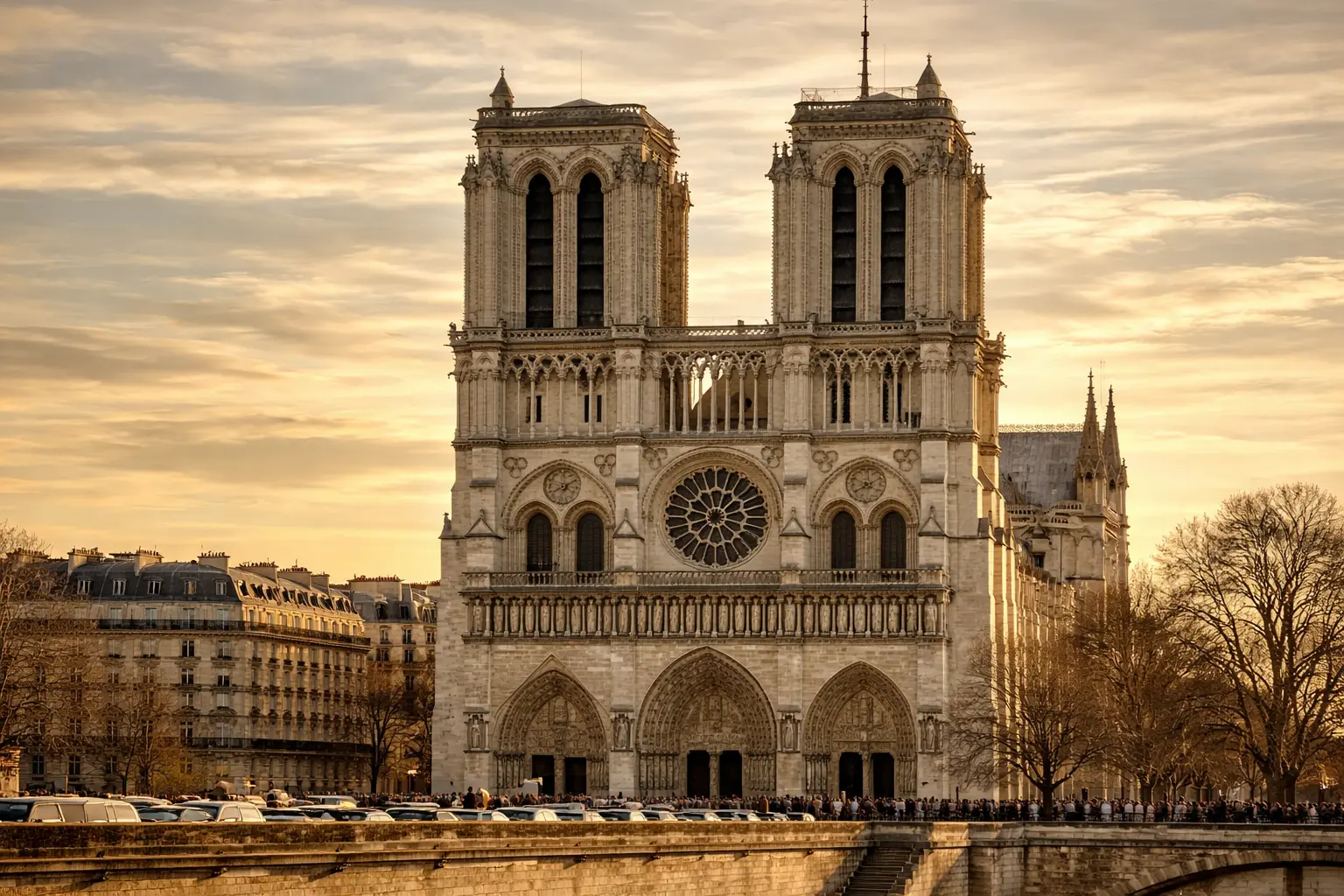 Façade de la cathédrale Notre-Dame de Paris vue depuis la Seine au coucher du soleil